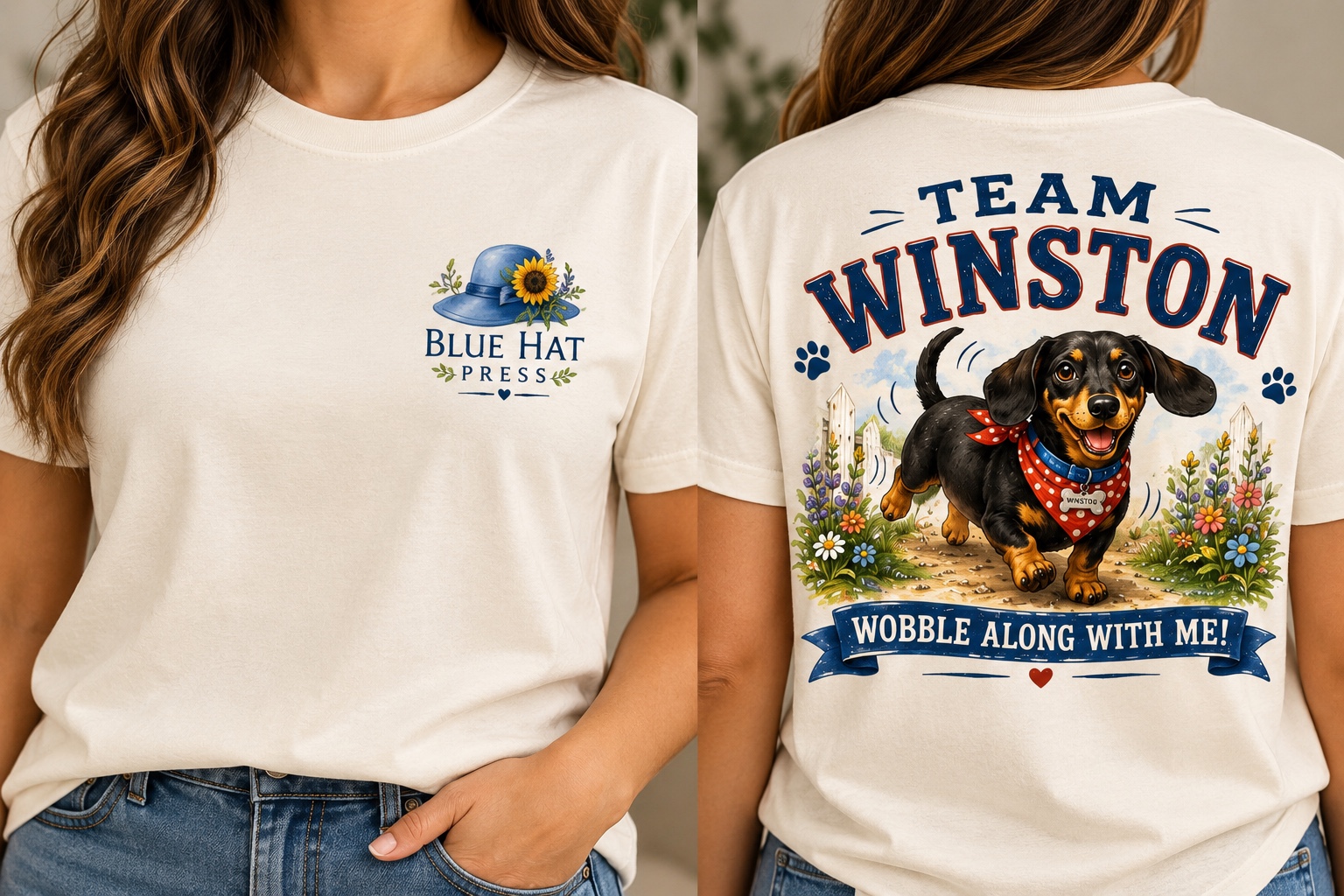 Front and back of a cream Team Winston shirt with the Blue Hat Press logo and Winston artwork