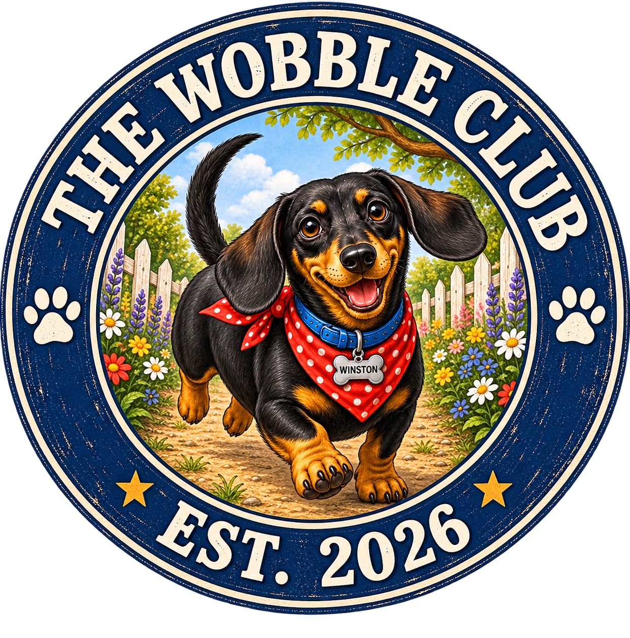 The Wobble Club badge featuring Winston in his blue collar and red bandana